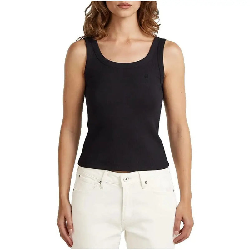 Schwarzes geripptes Stricktop top mit eckigem Ausschnitt und dezentem Markenlogo, im Stil eines G-Star Damen-Tanktops.top weißes, ärmelloses Oberteil aus Baumwolle mit Rundhalsausschnitt