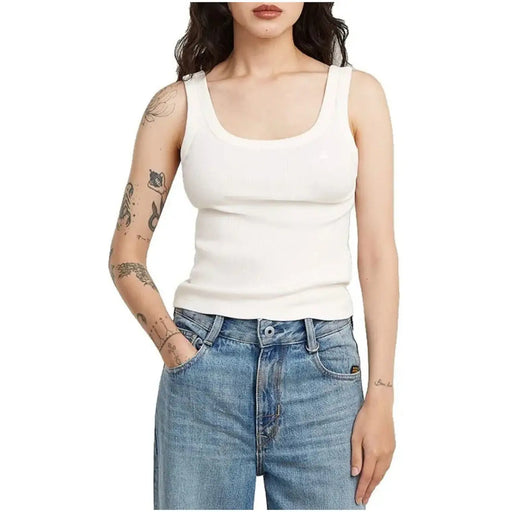 Weißes geripptes Baumwoll-Tanktop top mit eckigem Ausschnitt und ärmellosem Design aus der G-Star Damenkollektion