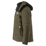 Olive green quilted puffer jacket with black hood and trim featuring gaelle paris logo on the chest by Gaelle Paris