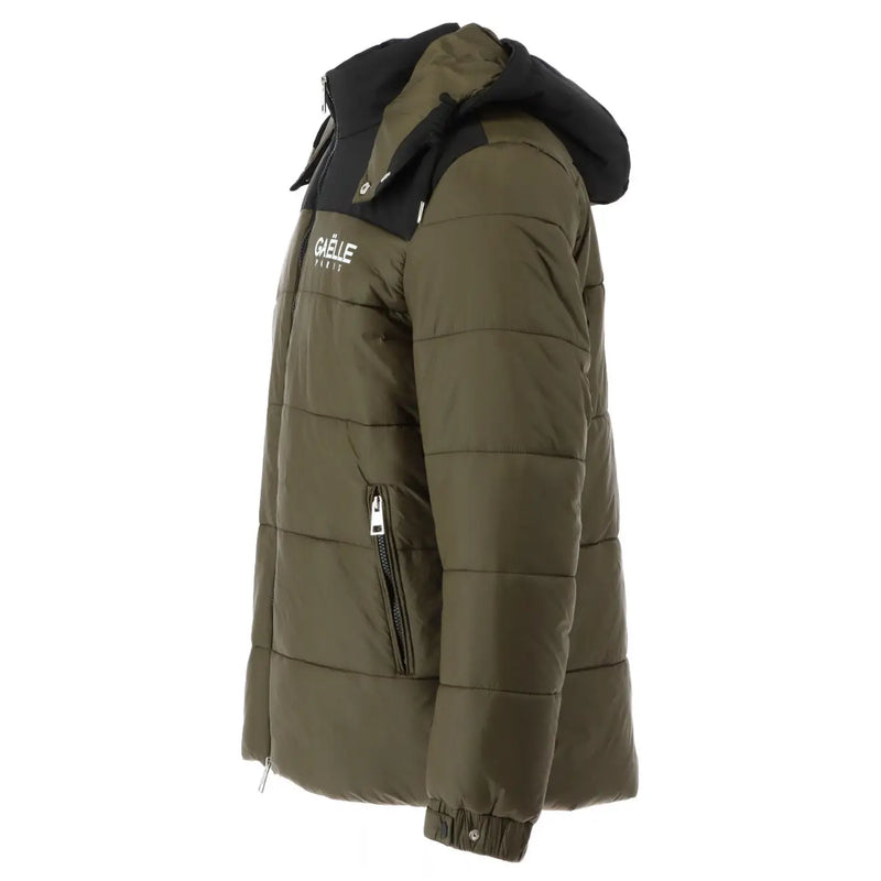 Olive green quilted puffer jacket with black hood and trim featuring gaelle paris logo on the chest by Gaelle Paris