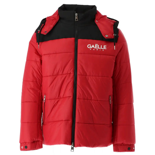 Rot-schwarze, gesteppte Polyester-Daunenjacke mit Kapuze und Gaelle Paris Logo auf der Brust für Herren GBU2520