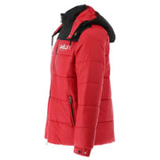 Gaelle Paris Herren-Steppjacke aus rotem Polyester mit schwarzer Kapuzenborte und Logo auf dem Brustreißverschluss