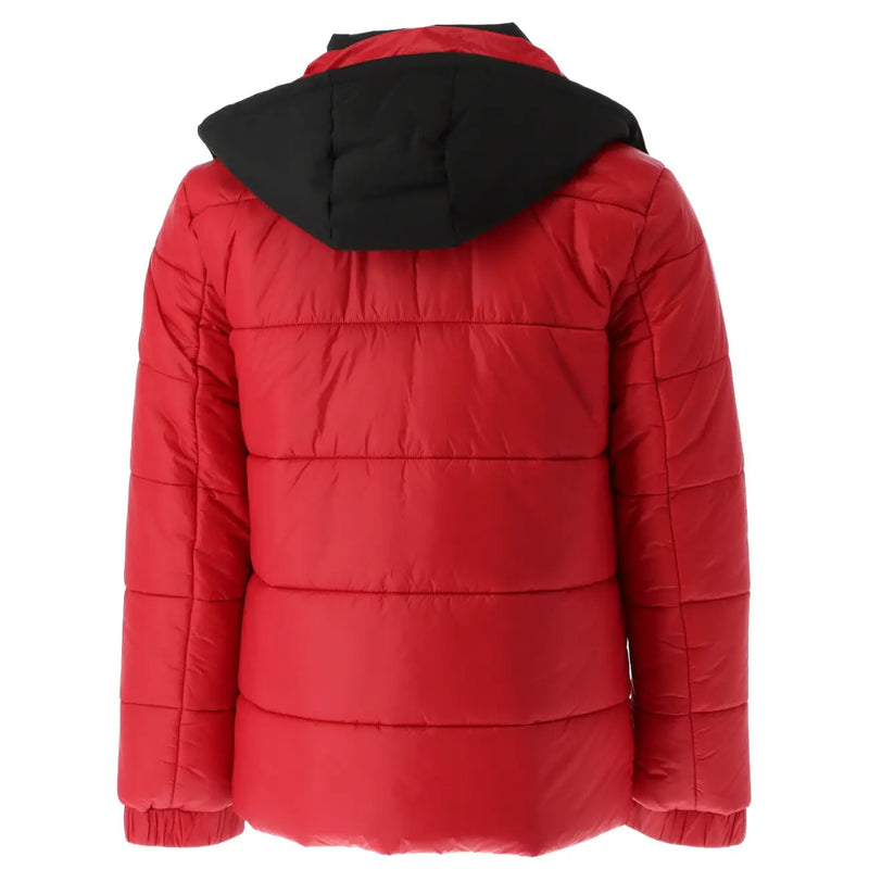 Rote, gesteppte Polyester-Daunenjacke mit schwarzer Kapuze von Gaelle Paris für Herren, Reißverschluss, Modell GBU2520