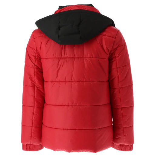Rote, gesteppte Polyester-Daunenjacke mit schwarzer Kapuze von Gaelle Paris für Herren, Reißverschluss, Modell GBU2520