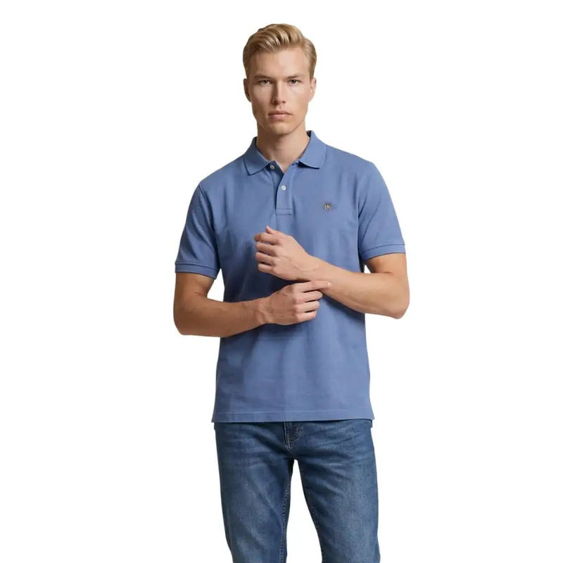 Gant Herren-Poloshirt, blau, kurzärmelig, aus Baumwollpiqué mit kleinem, gesticktem Logo auf der linken Brust