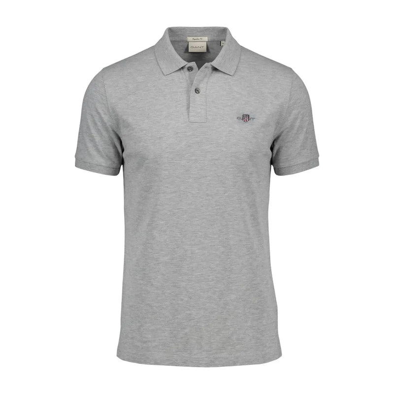 A heather gray gant men polo shirt in cotton stretch with a classic collar short sleeves and embroidered logo on chest