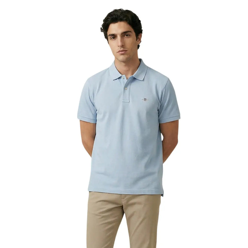 Light blue pique cotton stretch polo shirt for men by gant with small embroidered logo on the left chest