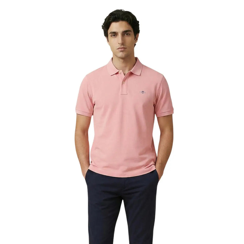 Gant men polo shirt in soft pink cotton stretch with classic collar short sleeves and embroidered logo on left chest