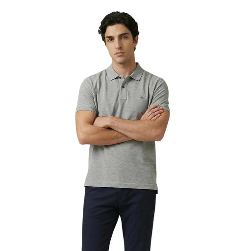 Gray textured cotton stretch polo shirt for men by Gant with short sleeves and small embroidered logo on left chest
