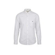 White long-sleeved cotton shirt by Gant featuring a subtle embroidered logo on the left chest for men