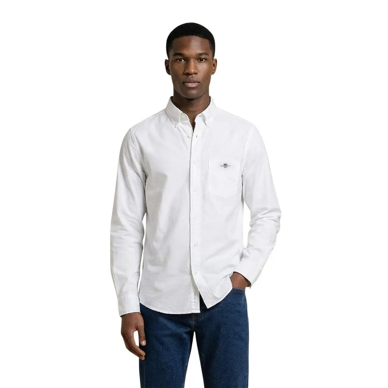 White long-sleeved cotton button-down shirt with subtle embroidered logo on left chest pocket by Gant Men Shirt