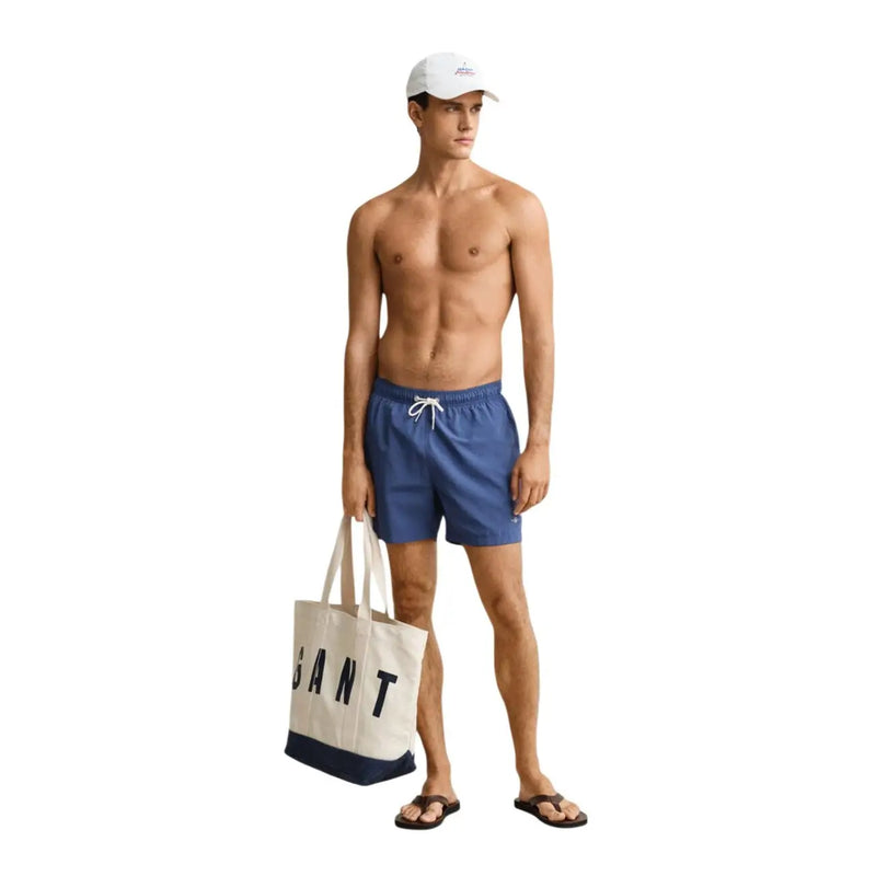 Gant men swimwear light blue polyamide board shorts featuring white drawstring and elastic waistband