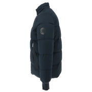 Gaudì men’s dark navy puffer jacket with quilted panels zip pockets and circular logo patch on left sleeve