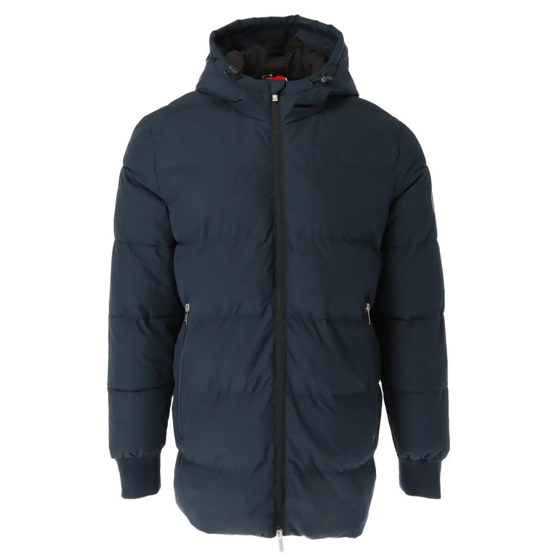 Gaudì men’s blue polyester hooded jacket with dark navy puffer design black zipper and trim