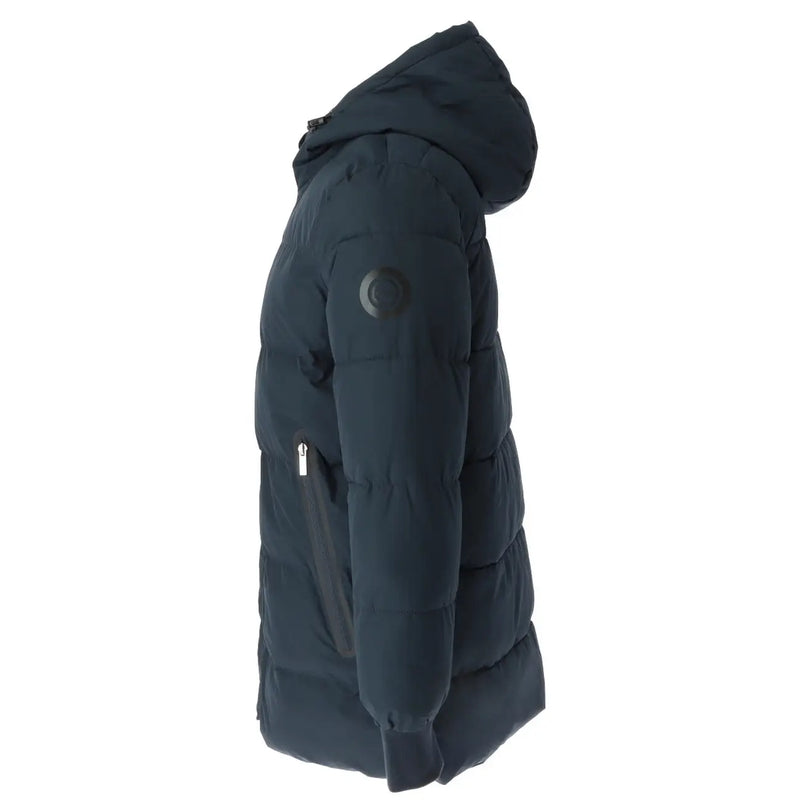 Gaudì men’s dark navy polyester puffer jacket with hood quilted design zip and pockets front view