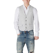Gianni Lupo black pinstripe linen cotton gilet for men with light gray and white stripes, black buttons, and front pockets