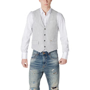 Gianni Lupo black pinstripe linen cotton gilet for men featuring vertical black and white stripes with dark buttons