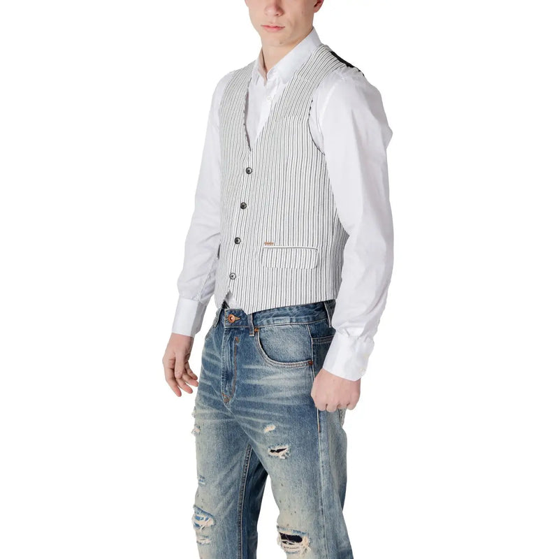 A men’s black pinstripe linen cotton gilet by Gianni Lupo with classic stripes black buttons and subtle pocket detail