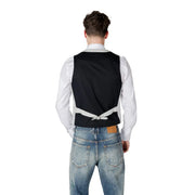Back view of gianni lupo black pinstripe linen cotton gilet for men with white striped trim and matching tie