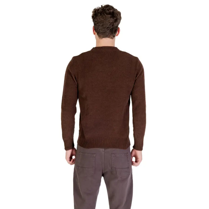 Brown v-neck sweater with ribbed cuffs and hem, likely made of cotton or wool.
