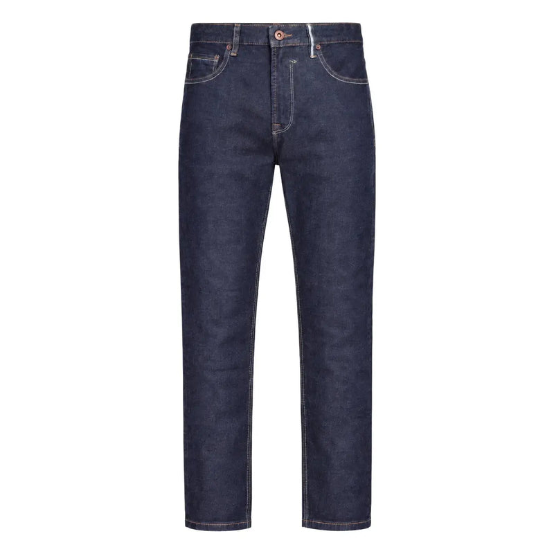 Gianni Lupo Karottenfarbene Jeans für Herren in Dunkelindigo mit kontrastierenden hellen Nähten und Fünf-Taschen-Design, Vorderansicht