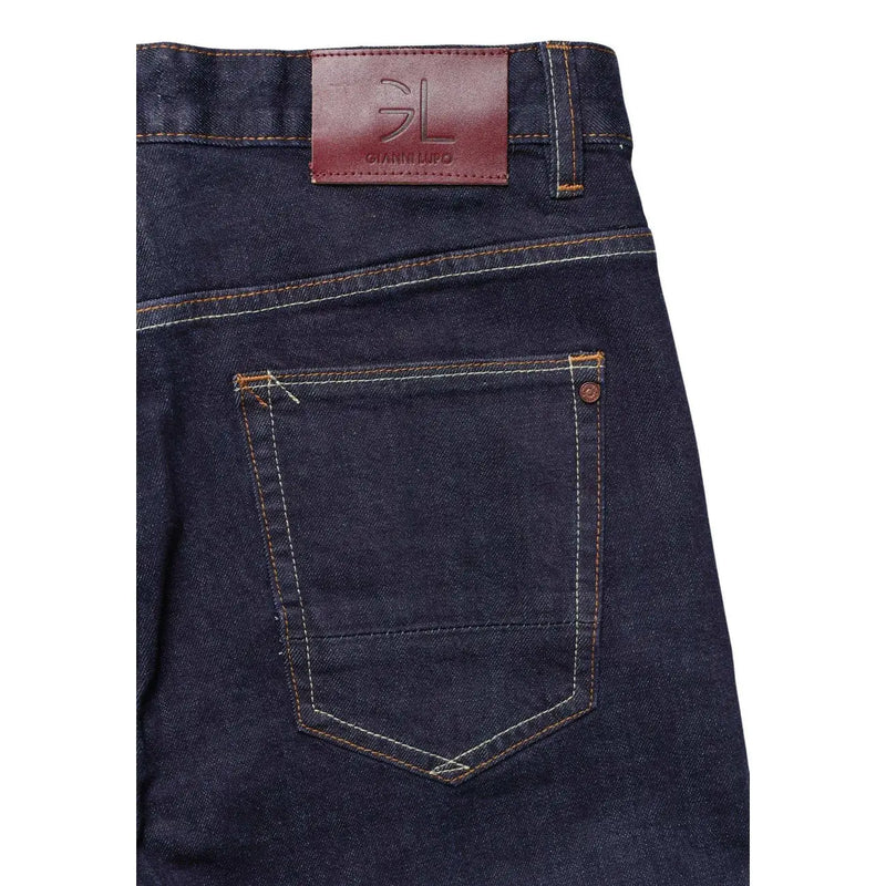 Gianni lupo Karottenfarbene Jeans für Herren aus dunkelindigofarbenem Denim mit braunem Leder-Markenpatch, Rückansicht