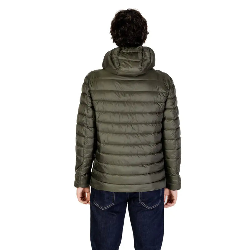 Olive green puffer jacket with hood and quilted design, likely made of synthetic material.