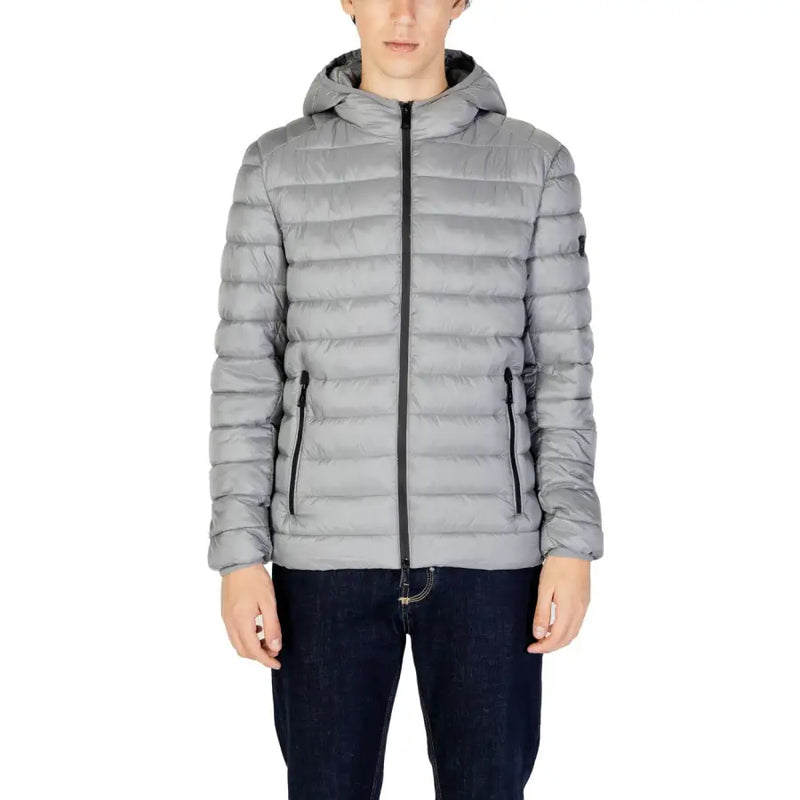 Light gray puffer jacket with hood and zipper, made of synthetic material.