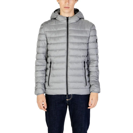 Light gray puffer jacket with hood and zipper, made of synthetic material.
