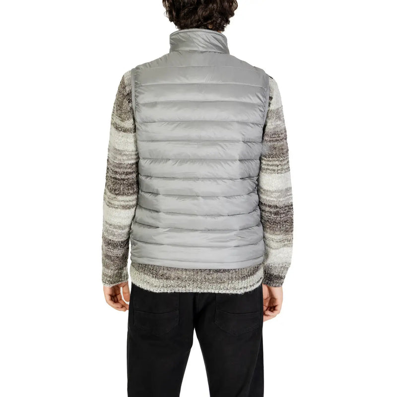 Gianni Lupo grey polyamide sleeveless gilet featuring a quilted puffer design with a high collar and horizontal stitching
