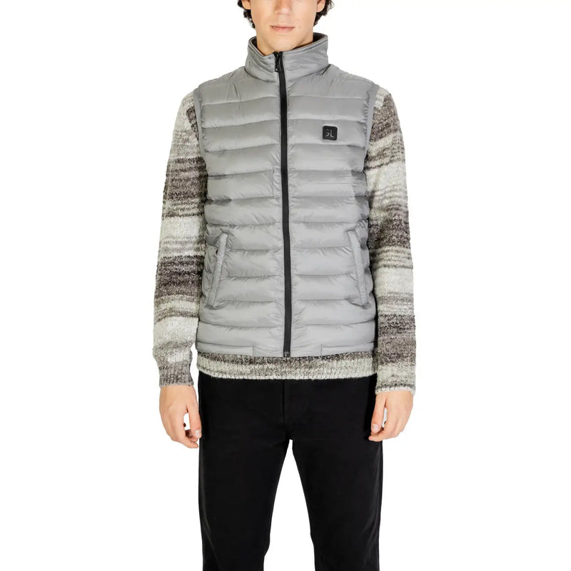 Gianni Lupo grey polyamide sleeveless gilet with quilted design black zipper and logo patch worn over striped sweater