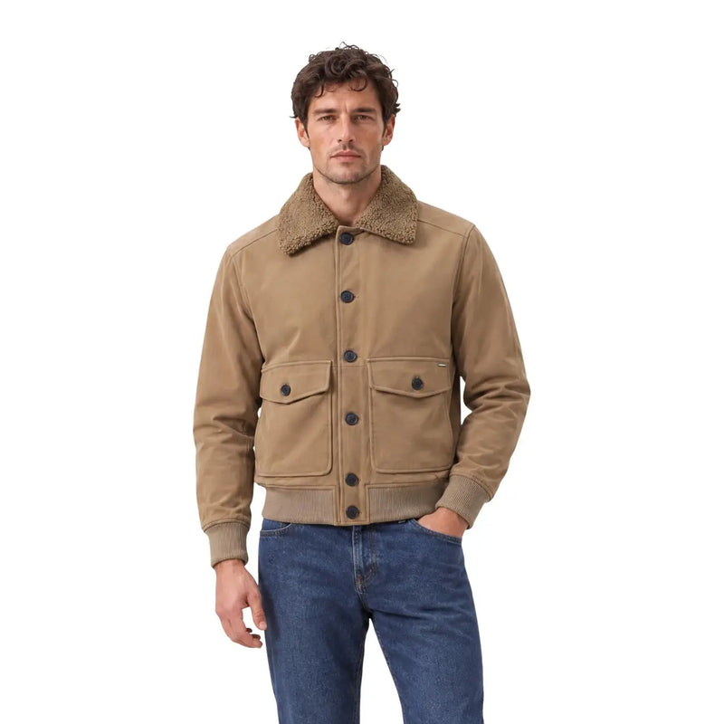 Gianni Lupo Beigefarbener Herren-Bomberblazer aus Kunstleder mit hellbraunem Cord-Jackenbesatz und flauschigem, braunem Shearling-Kragen