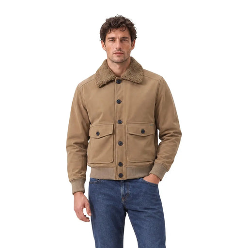 Gianni Lupo Beigefarbener Herren-Bomberblazer aus Kunstleder mit hellbraunem Cord-Jackenbesatz und flauschigem, braunem Shearling-Kragen