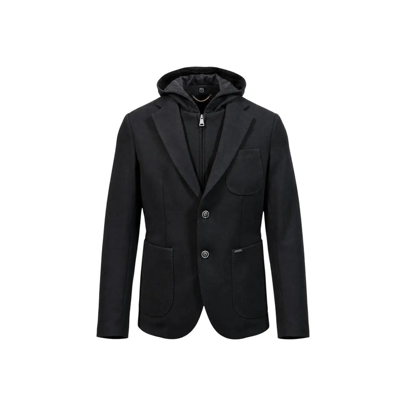 Gianni Lupo Schwarzer Herren-Strickblazer mit Kapuze, elegantem, tailliertem Design und dezenter Struktur