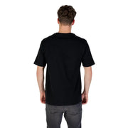 Men’s black printed short-sleeve cotton T-shirt paired with grey jeans displayed in product listing