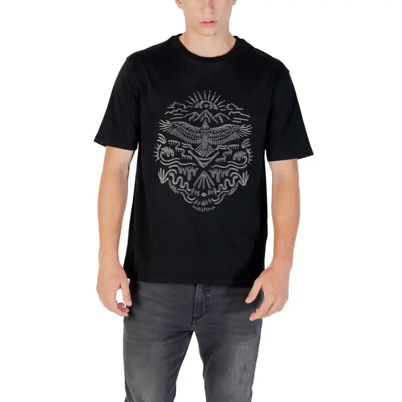 Men’s black short-sleeved cotton T-shirt with intricate white graphic design by Gianni Lupo