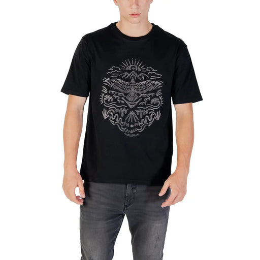 Gianni Lupo men black printed short sleeve cotton t-shirt with a detailed silver eagle graphic with mountains clouds and waves