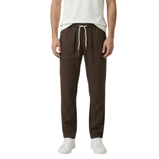 Gianni Lupo men brown lyocell trousers with laces feature a brown linen fabric and a white cord drawstring waist
