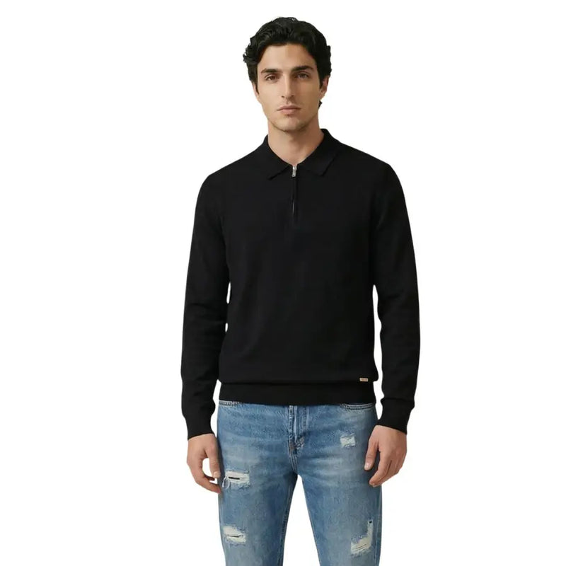 Schwarzer langärmeliger Polopullover mit halbem Reißverschluss und gerippten Bündchen von Gianni Lupo in Viskose-Strickwaren