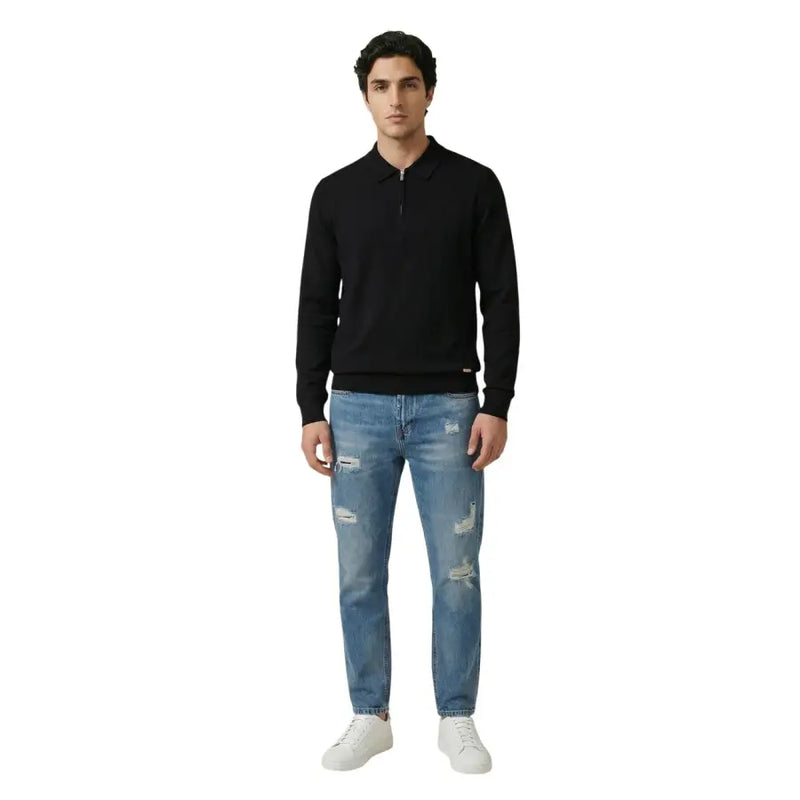 Schwarzes Langarmshirt Gianni Lupo Strickpolo mit halben Reißverschluss am Kragen, gerippten Bündchen und Viskosegewebe