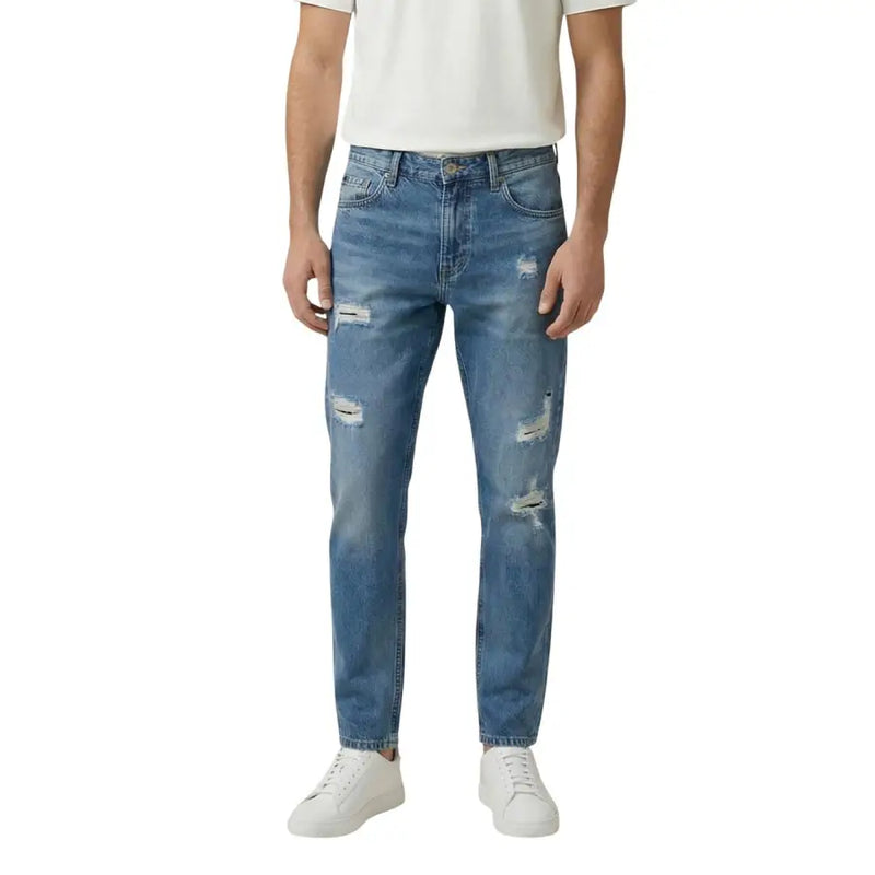 Gianni Lupo Herren-Jeans aus hellblauem Denim mit mittlerer Waschung und Used-Look-Details an Oberschenkeln und Knien