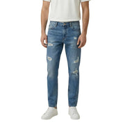 Gianni Lupo men light blue medium-wash denim jeans with distressed ripped details on thighs and knees