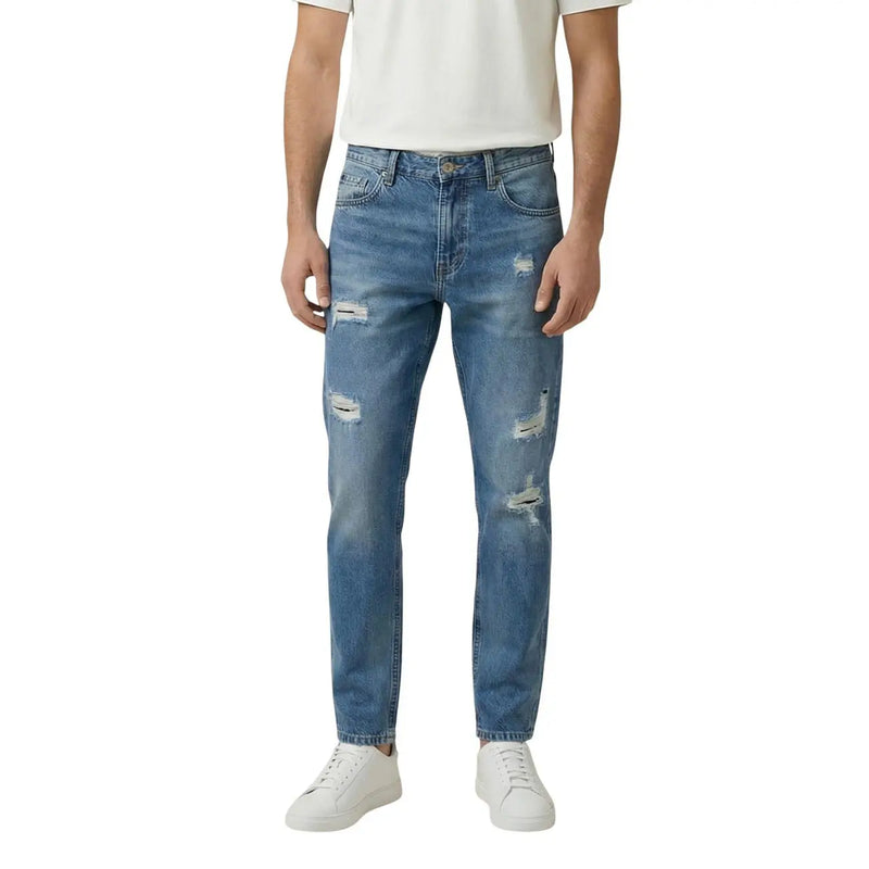 Gianni Lupo men light blue medium-wash denim jeans with distressed ripped details on thighs and knees