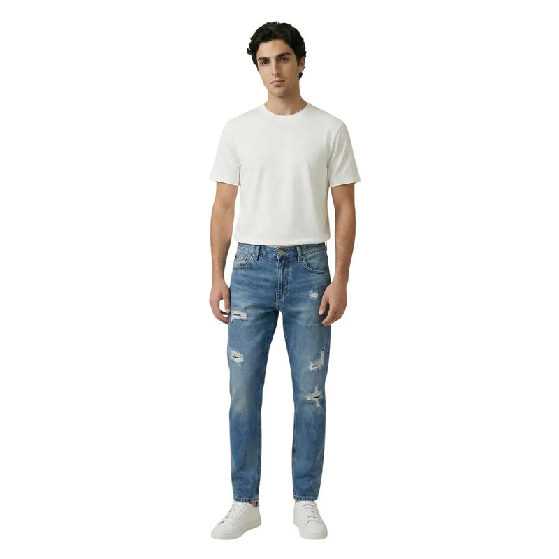 Gianni Lupo men light blue distressed denim jeans with classic five-pocket design and faded worn out effect