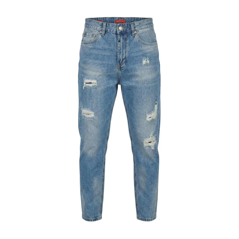 Gianni Lupo men light blue denim jeans with distressed ripped details on thighs and knees model GL6517Q