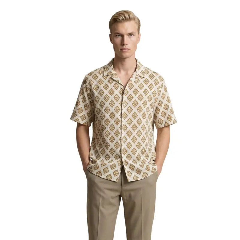Beige Kurzarm Gianni Lupo Herrenhemd mit goldenem geometrischem Muster aus leichtem, atmungsaktivem Stoff
