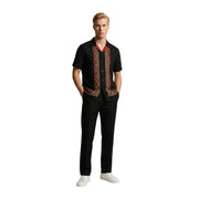 Gianni Lupo men shirt black short-sleeved button-up with red and gold embroidery and red inner collar detail