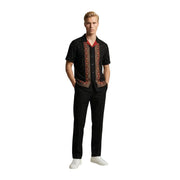 Gianni Lupo Schwarzes Herrenhemd mit kurzen Ärmeln, Knopfleiste, roter und goldener Stickerei und rotem Krageninnenrand