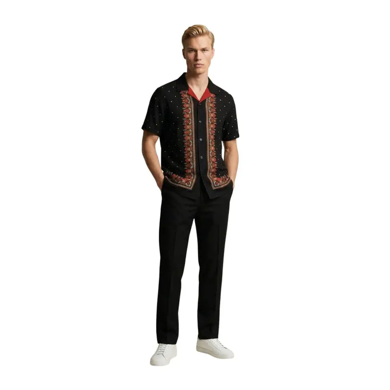 Gianni Lupo Schwarzes Herrenhemd mit kurzen Ärmeln, Knopfleiste, roter und goldener Stickerei und rotem Krageninnenrand