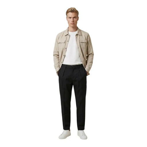 Beige Gianni Lupo Herrenhemd im Utility-Jacken-Stil mit Knopfleiste und aufgesetzten Taschen